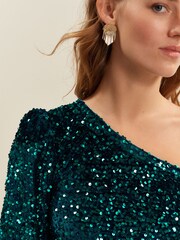 Teal Blue Sequin One Shoulder Mini Dress - Image 3 of 6