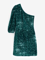 Teal Blue Sequin One Shoulder Mini Dress - Image 4 of 6