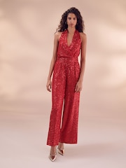 Red Sequin Halter Tailored Jumpsuit - Image 1 of 7