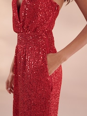 Red Sequin Halter Tailored Jumpsuit - Image 5 of 7