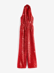 Red Sequin Halter Tailored Jumpsuit - Image 6 of 7