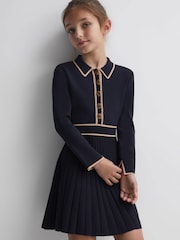 Reiss Navy Mia Junior Knitted Polo Skater Dress - Image 1 of 6