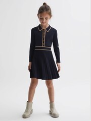 Reiss Navy Mia Junior Knitted Polo Skater Dress - Image 3 of 6