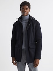 Reiss Navy Torino Wool Blend Removable Hooded Coat - Image 1 of 8