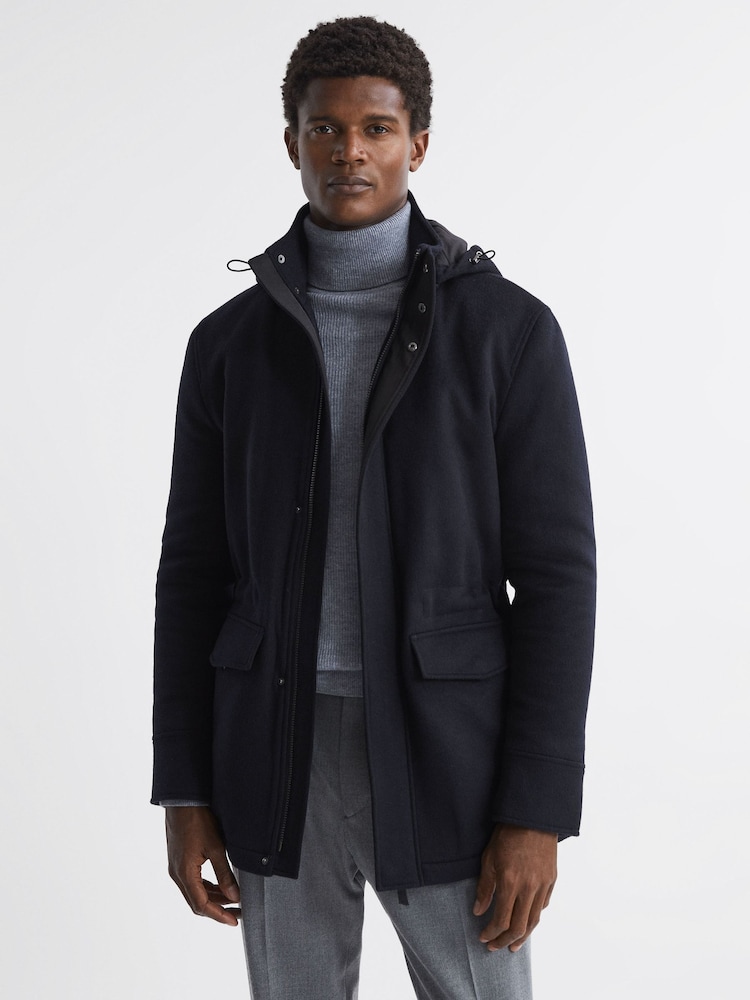 Reiss Navy Torino Wool Blend Removable Hooded Coat - Image 1 of 8