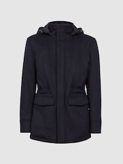 Reiss Navy Torino Wool Blend Removable Hooded Coat - Image 2 of 8