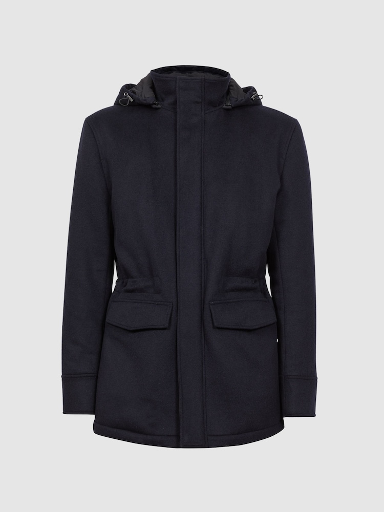 Reiss Navy Torino Wool Blend Removable Hooded Coat - Image 2 of 8