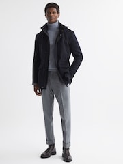 Reiss Navy Torino Wool Blend Removable Hooded Coat - Image 3 of 8