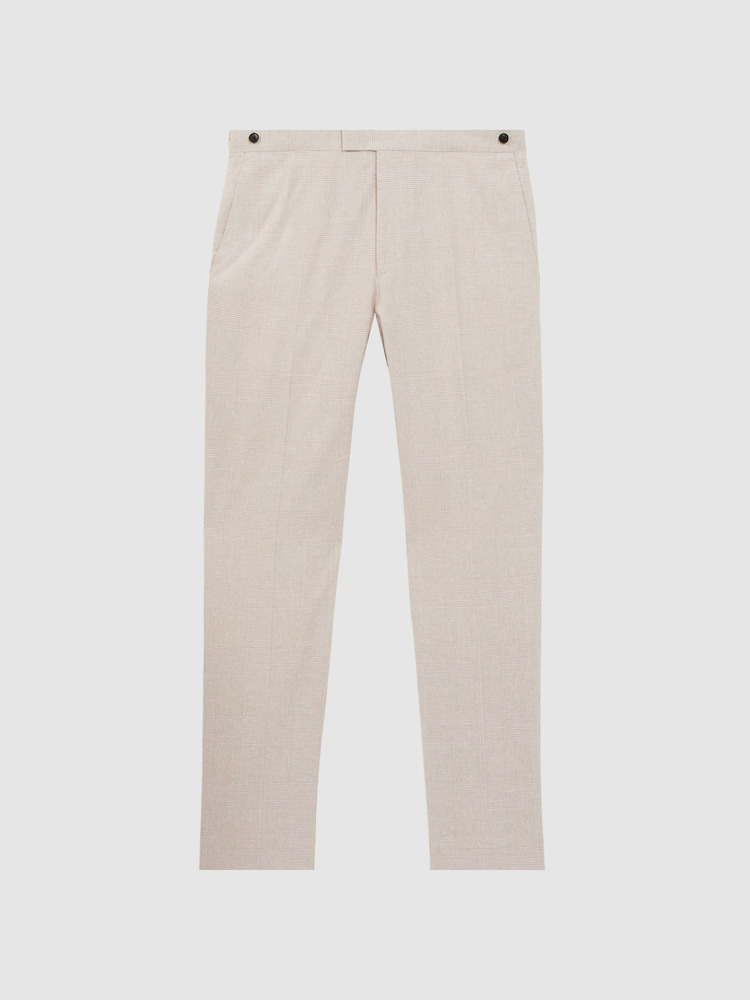 Reiss Oatmeal Craft Slim Fit Cotton-Linen Check Adjustable Trousers - Image 2 of 4