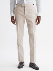 Reiss Oatmeal Craft Slim Fit Cotton-Linen Check Adjustable Trousers - Image 3 of 4