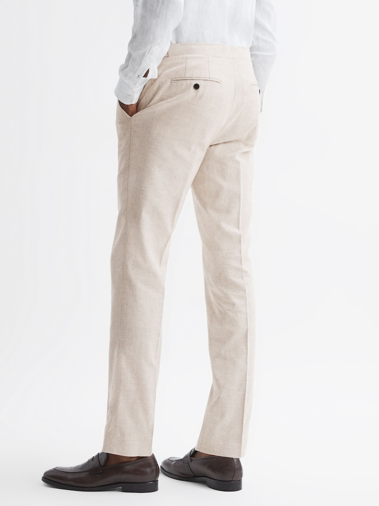 Reiss Oatmeal Craft Slim Fit Cotton-Linen Check Adjustable Trousers - Image 4 of 4