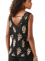 Black and Gold Textured Leaf Print Black and Gold Leaf Print Lace Trim Sleeveless Top - Image 3 of 6
