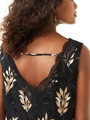 Black and Gold Textured Leaf Print Black and Gold Leaf Print Lace Trim Sleeveless Top - Image 4 of 6