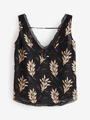 Black and Gold Textured Leaf Print Black and Gold Leaf Print Lace Trim Sleeveless Top - Image 5 of 6