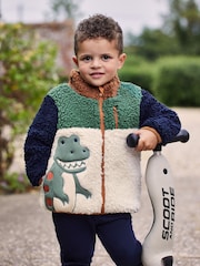 JoJo Maman Bébé Khaki Green TRex Zip-Up Teddy Fleece - Image 1 of 5