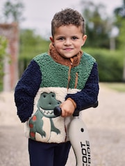 JoJo Maman Bébé Khaki Green TRex Zip-Up Teddy Fleece - Image 2 of 5