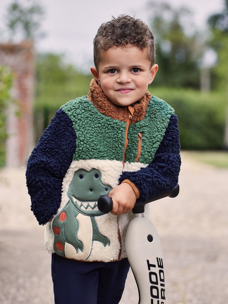 JoJo Maman Bébé Khaki Green TRex Zip-Up Teddy Fleece - Image 2 of 5