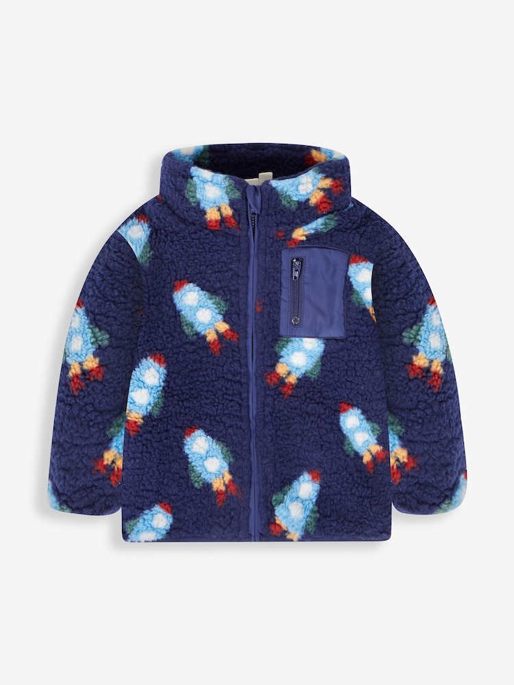 JoJo Maman Bébé Navy Blue Rocket Zip-Up Teddy Fleece - Image 1 of 3