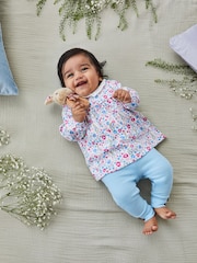 JoJo Maman Bébé Blue Girls' Peter Rabbit Floral Tunic With Collar & Rib Leggings Baby Set - Image 1 of 8