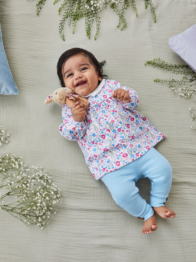 JoJo Maman Bébé Blue Girls' Peter Rabbit Floral Tunic With Collar & Rib Leggings Baby Set - Image 1 of 8