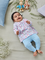 JoJo Maman Bébé Blue Girls' Peter Rabbit Floral Tunic With Collar & Rib Leggings Baby Set - Image 2 of 8