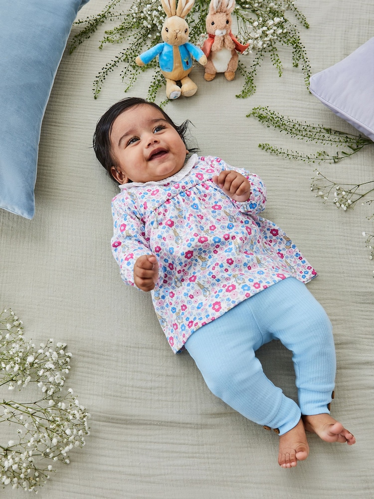 JoJo Maman Bébé Blue Girls' Peter Rabbit Floral Tunic With Collar & Rib Leggings Baby Set - Image 2 of 8