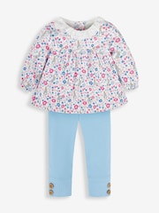 JoJo Maman Bébé Blue Girls' Peter Rabbit Floral Tunic With Collar & Rib Leggings Baby Set - Image 3 of 8