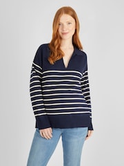 JoJo Maman Bébé Navy Stripe Collared Maternity & Nursing Jumper - Image 1 of 4