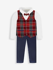 JoJo Maman Bébé Navy Boys' Tartan Waistcoat, Shirt & Cord Trousers Set With Bow Tie - Image 1 of 9