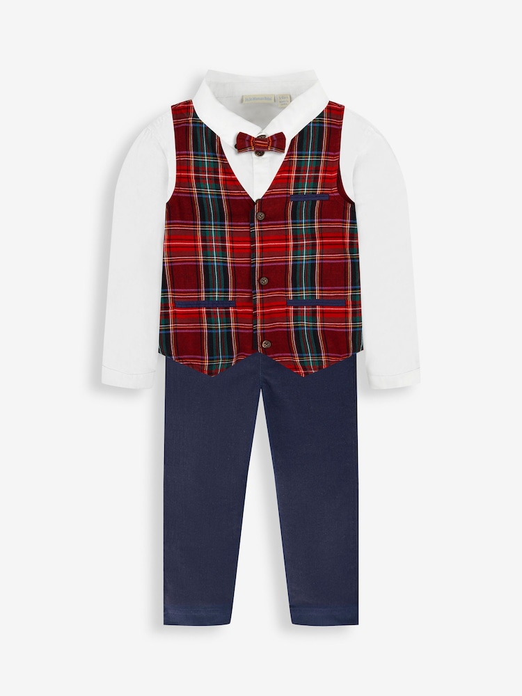 JoJo Maman Bébé Navy Boys' Tartan Waistcoat, Shirt & Cord Trousers Set With Bow Tie - Image 1 of 9