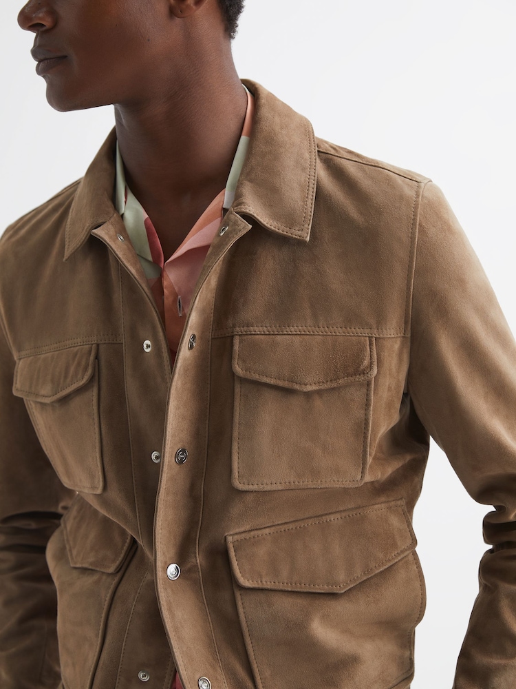 Reiss Taupe Ballina Suede Pocket Front Jacket - Image 1 of 5