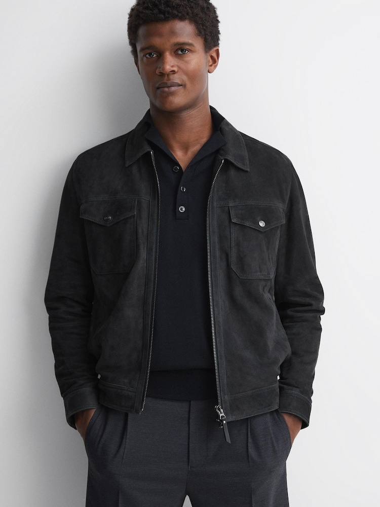 Reiss Slate Pike Suede Zip-Through Trucker Jacket - Image 1 of 4