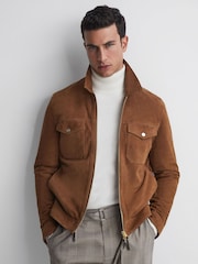 Reiss Tobacco Pike Suede Zip-Through Trucker Jacket - Image 1 of 5