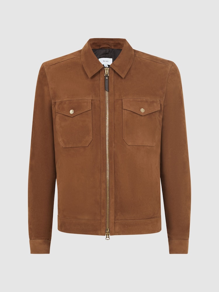 Reiss Tobacco Pike Suede Zip-Through Trucker Jacket - Image 2 of 5