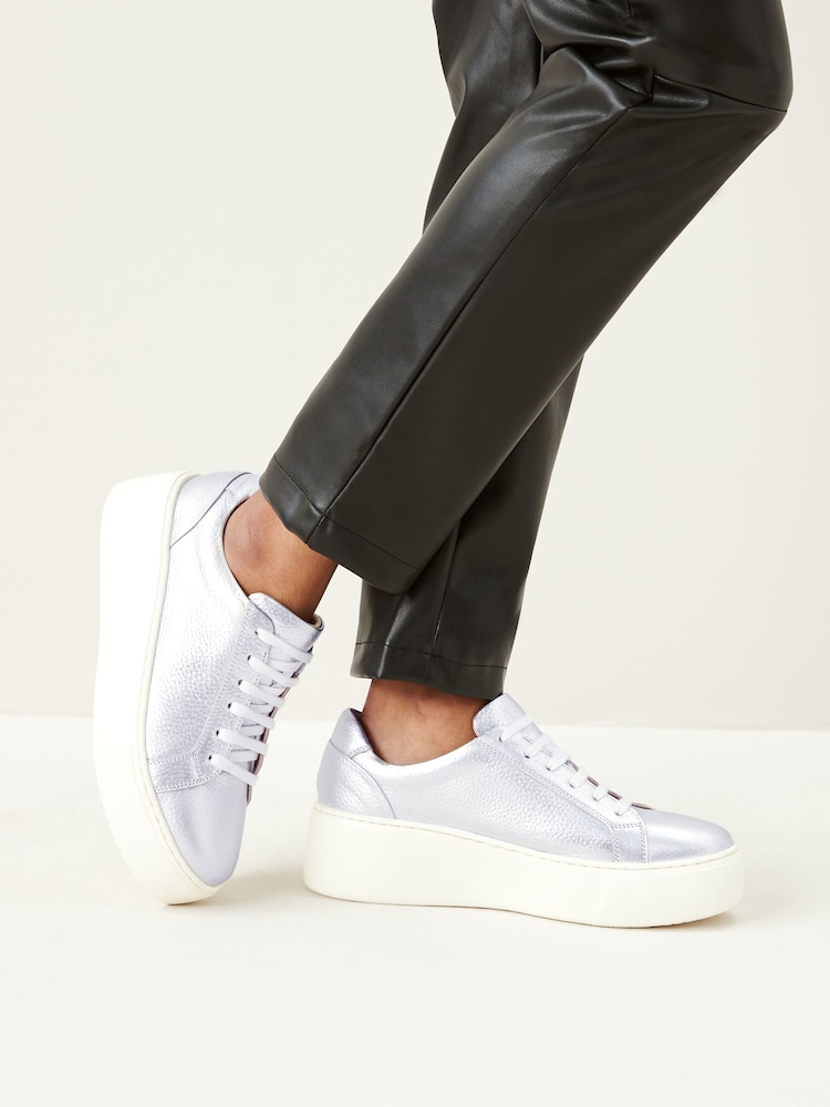 Silver Lace Up Signature Forever Comfort® Leather Chunky Wedge Platform Trainers - Image 1 of 7