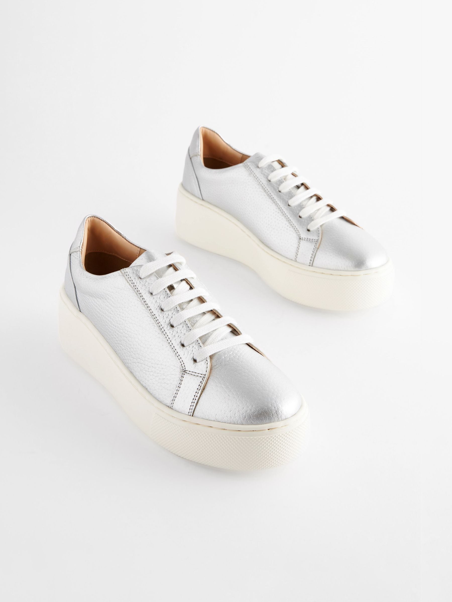 Buy Silver Lace Up Signature Forever Comfort Leather Suede Chunky Wedge Platform Trainers from the Next UK online shop