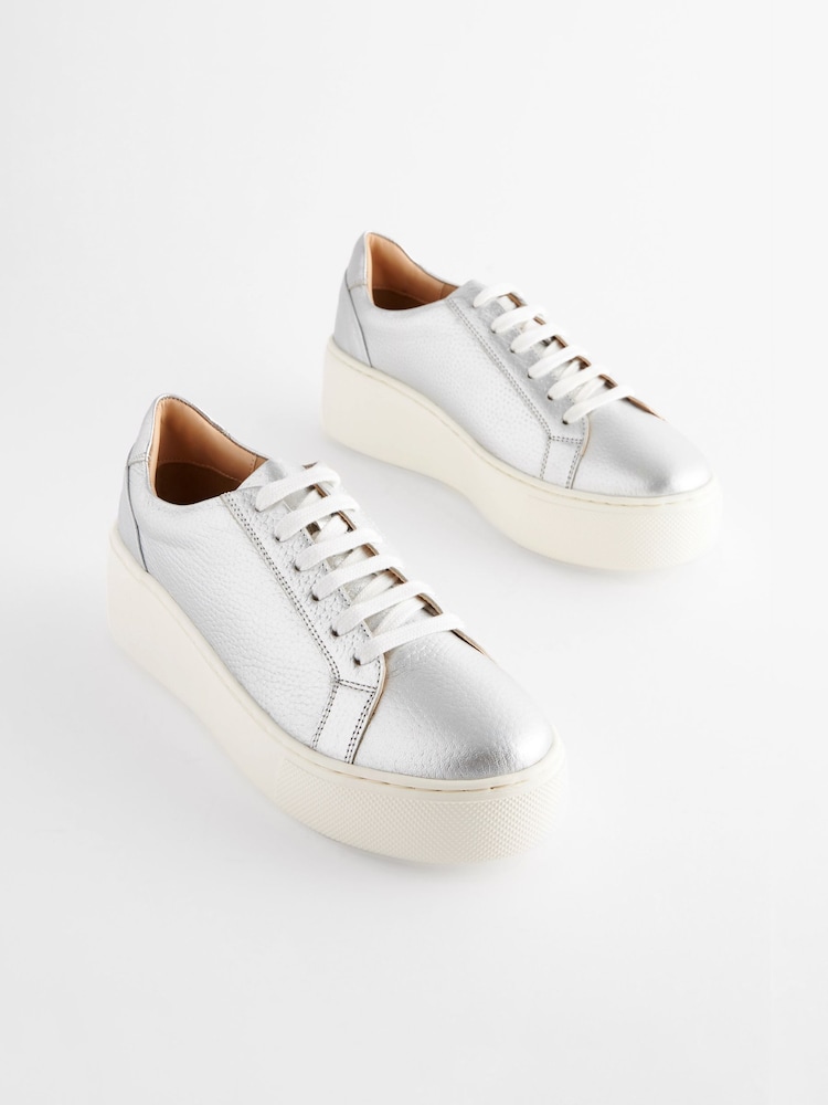 Silver Lace Up Signature Forever Comfort® Leather Chunky Wedge Platform Trainers - Image 3 of 7