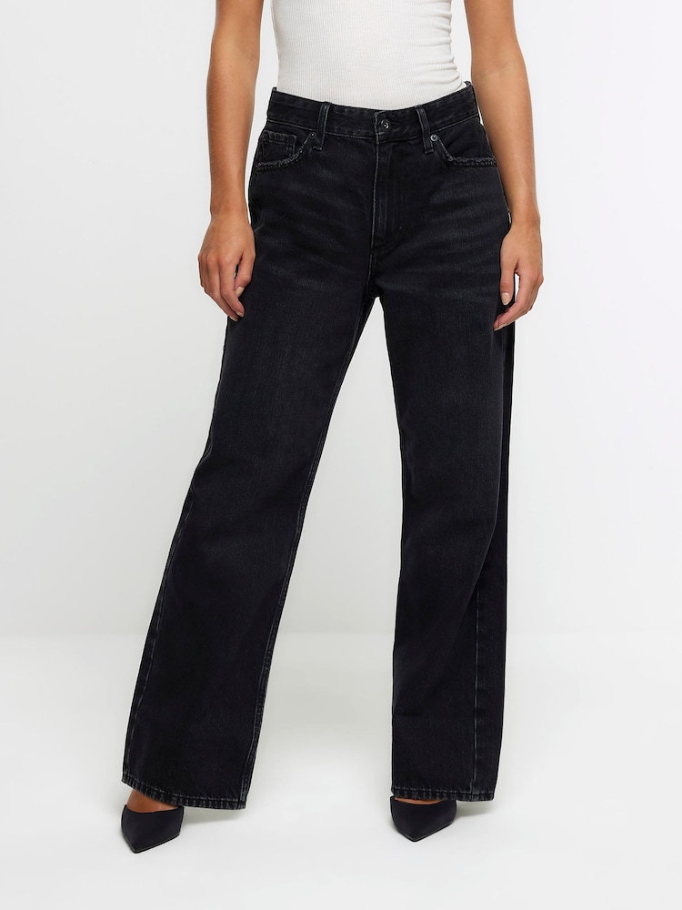 River Island Black Petite 90s Long Straight Leg Jeans - Image 1 of 5