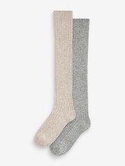 Grey/Cream Thermal Wool Blend Knee High Socks 2 Pack With Silk - Image 1 of 3