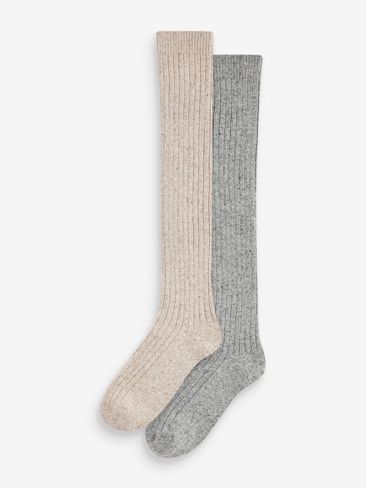 Grey/Cream Thermal Wool Blend Knee High Socks 2 Pack With Silk - Image 1 of 3