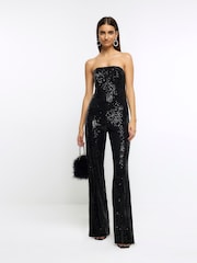 River Island Black Sequin Bandeau Jumpsuit - Image 1 of 4