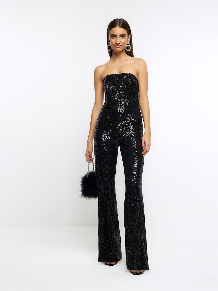 River Island Black Sequin Bandeau Jumpsuit - Image 1 of 4