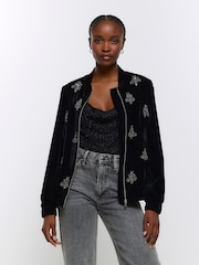 River Island Black Velvet Embellished Bomber Jacket - Image 1 of 4