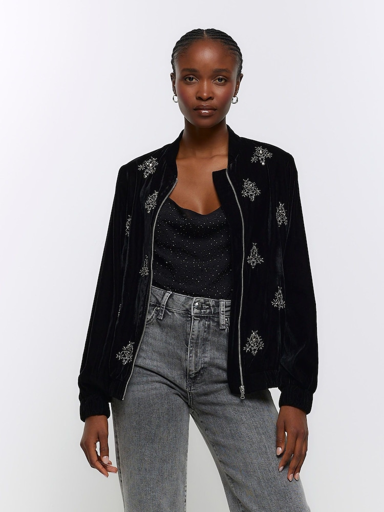 River Island Black Velvet Embellished Bomber Jacket - Image 1 of 4