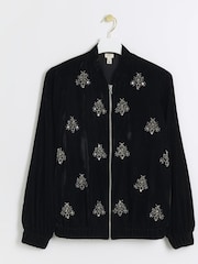 River Island Black Velvet Embellished Bomber Jacket - Image 4 of 4