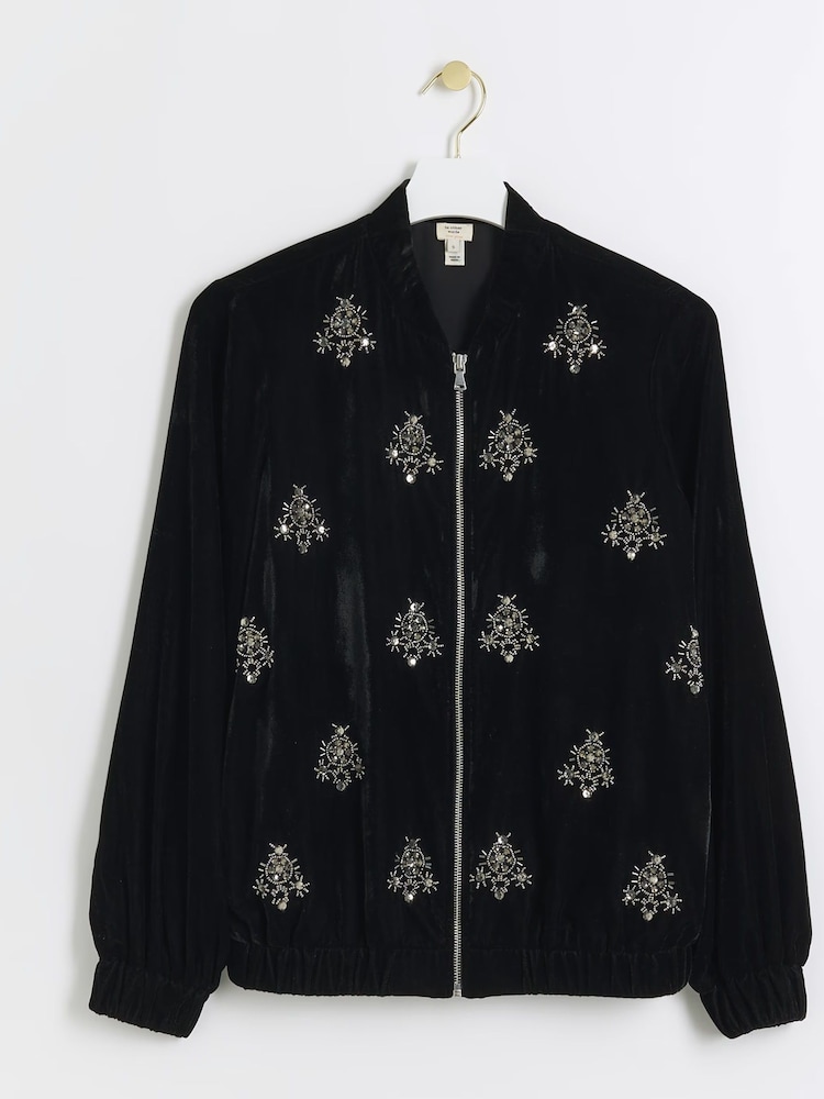 River Island Black Velvet Embellished Bomber Jacket - Image 4 of 4 River Island Black Velvet Embellished Bomber Jacket - Image 4 of 4
