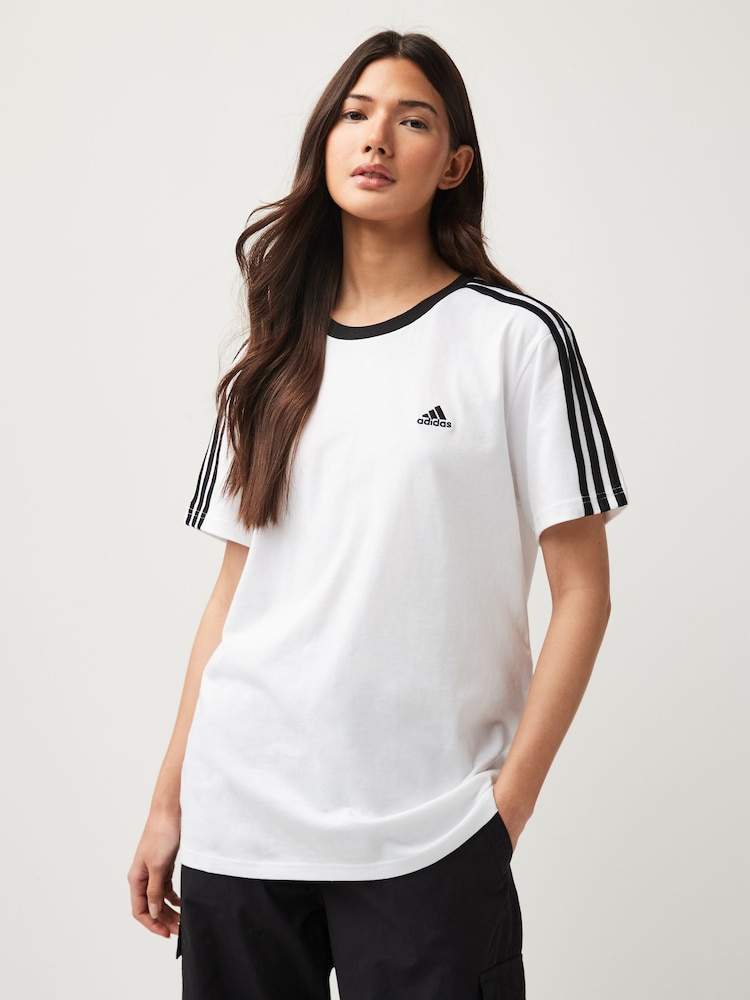 adidas White Boyfriend 100% Cotton 3 Stripe T-Shirt - Image 1 of 4 adidas White Boyfriend 100% Cotton 3 Stripe T-Shirt - Image 1 of 4