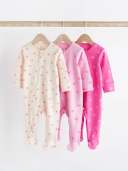 Pink/Cream Two Way Zip 100% Cotton Baby Sleepsuits 3 Pack (0-3yrs) - Image 1 of 7