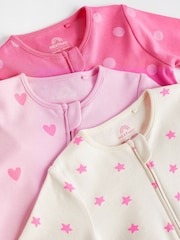 Pink/Cream Two Way Zip 100% Cotton Baby Sleepsuits 3 Pack (0-3yrs) - Image 4 of 7