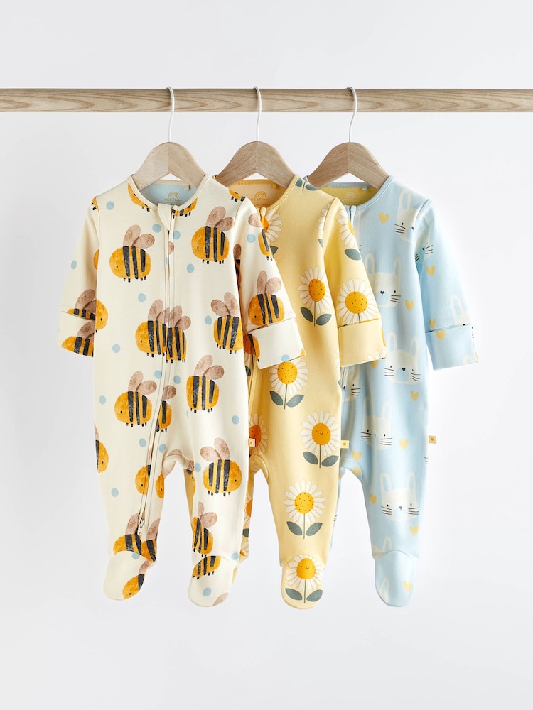 Blue/Yellow Baby Two Way Zip 100% Cotton Sleepsuits 3 Pack (0mths-2yrs) - Image 1 of 12